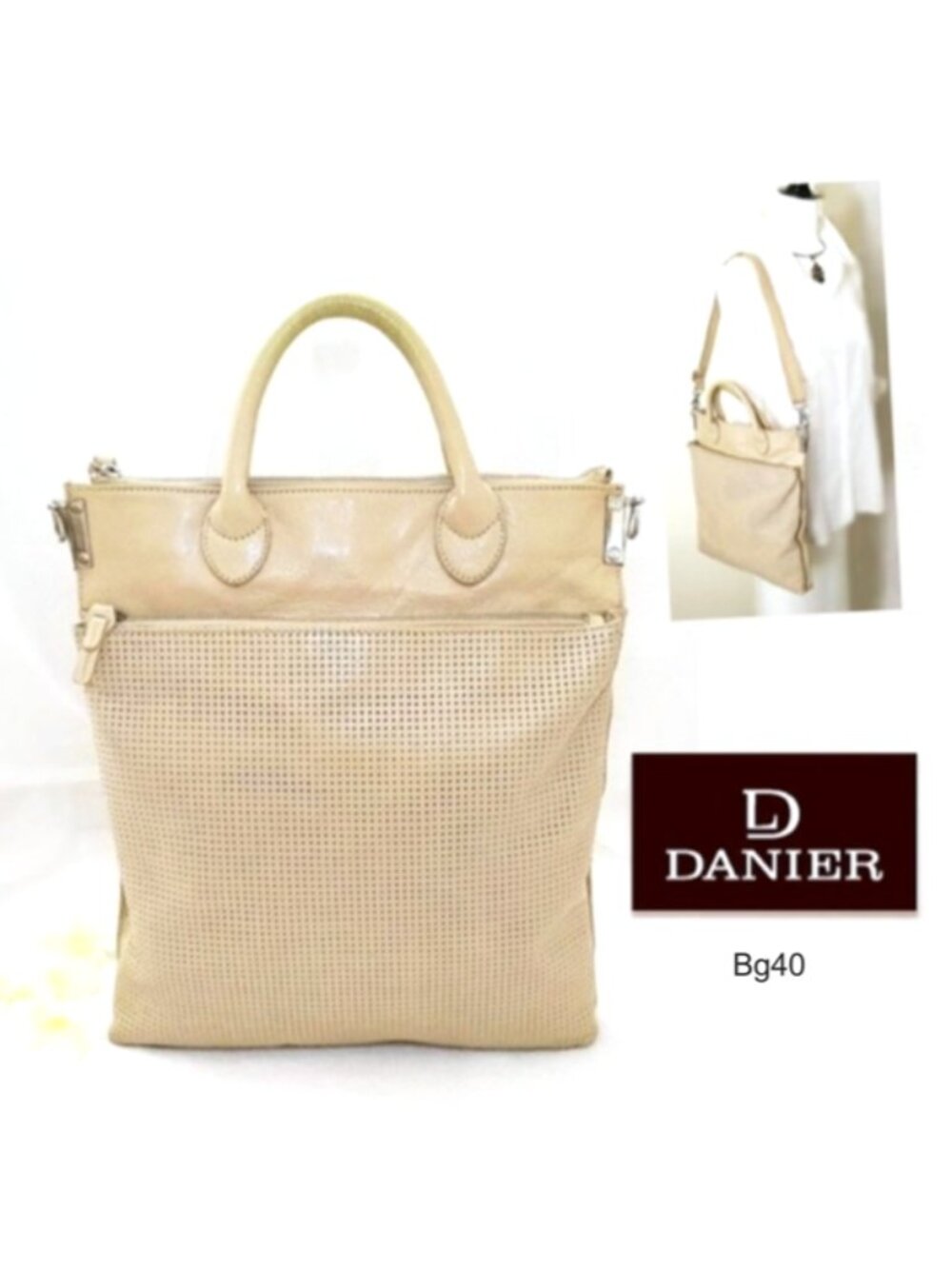 DANIER Tall Leather Tote Sand Cream Shoulder Crossbody Bag Carryall Perforated
